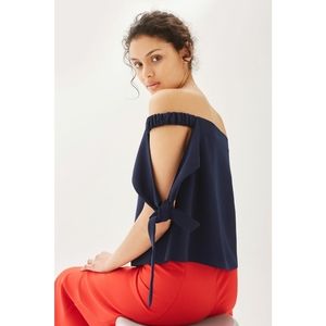 Topshop Tie Sleeve Structured Navy Blue Bardot Top